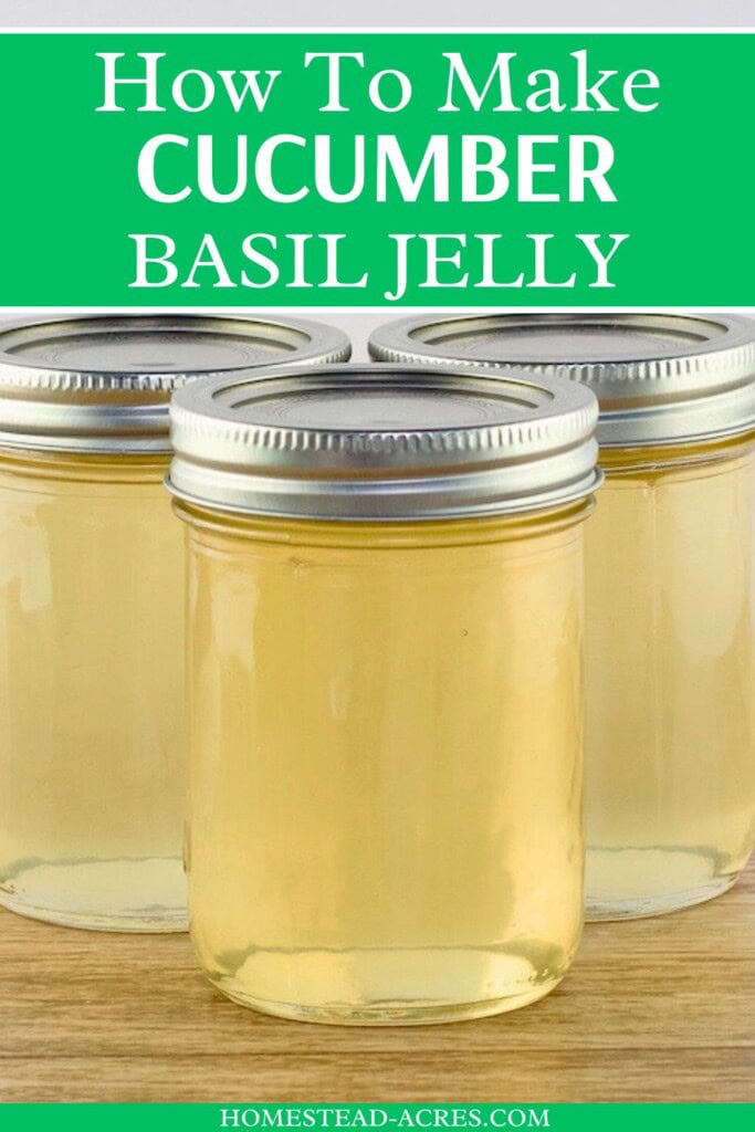 Three mason jars of cucumber basil jelly on a wooden table. The text overlay says How To Make Cucumber Basil Jelly.