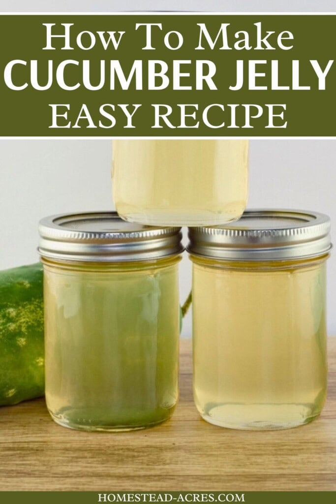 Three jars of homemade cucumber jelly on a wooden table next to a cucumber. The text overlay says How To Make Cucumber Jelly Easy Recipe.