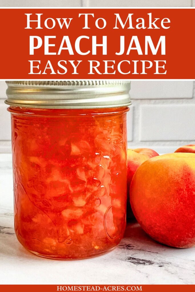 A jar of homemade peach jam on the counter with fresh peaches next to it. The text overlay says How To Make Peach Jam Easy Recipe.