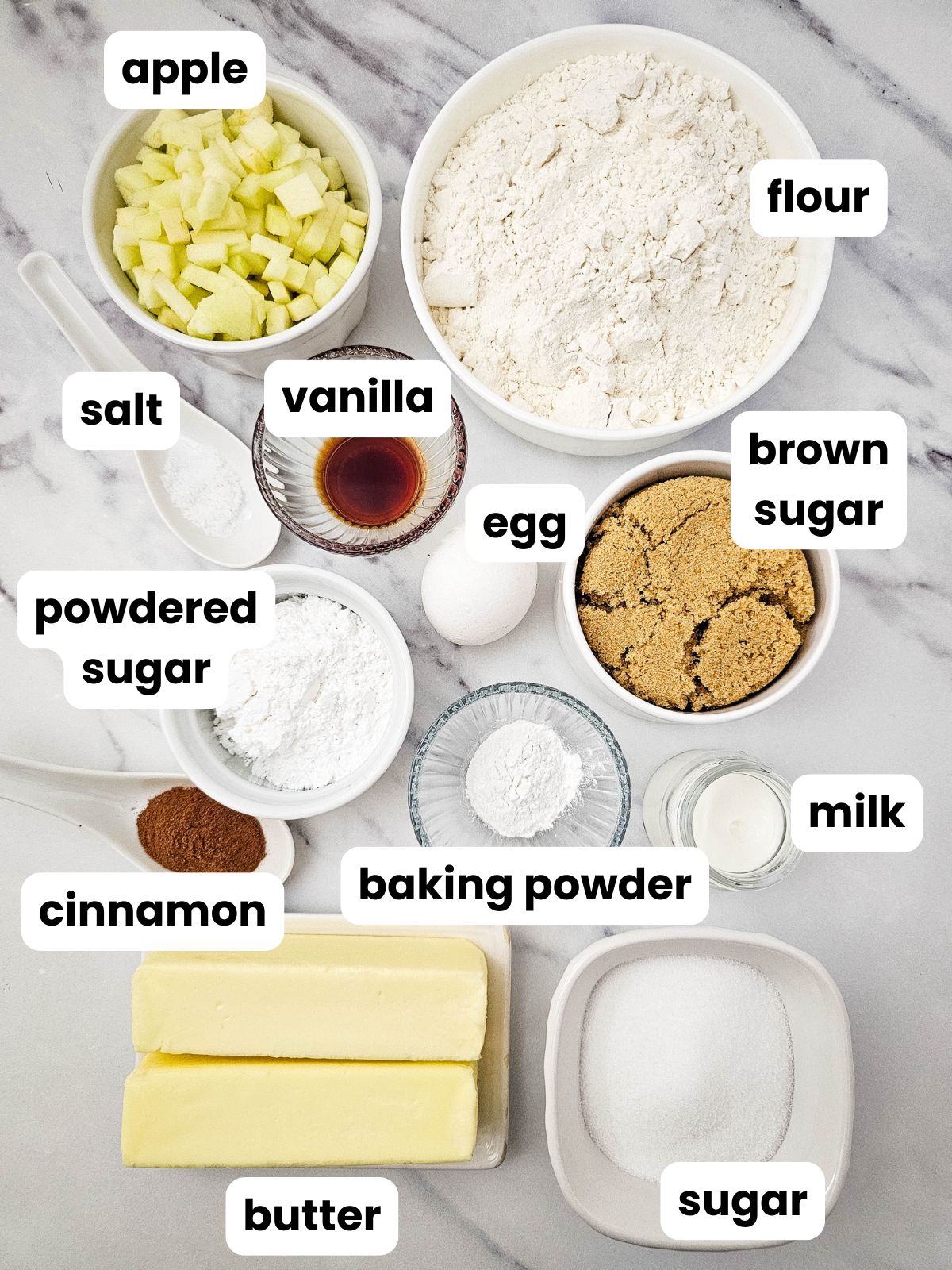 Ingredients for apple crumb cake.