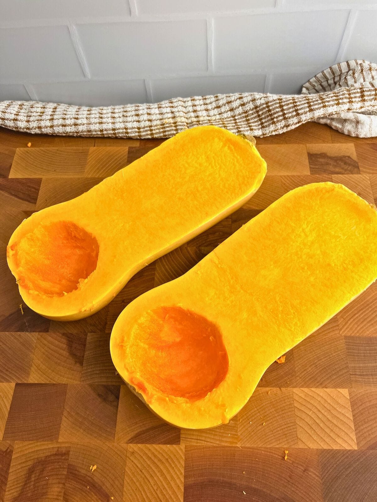 Seeds and pulp were removed from the butternut squash.