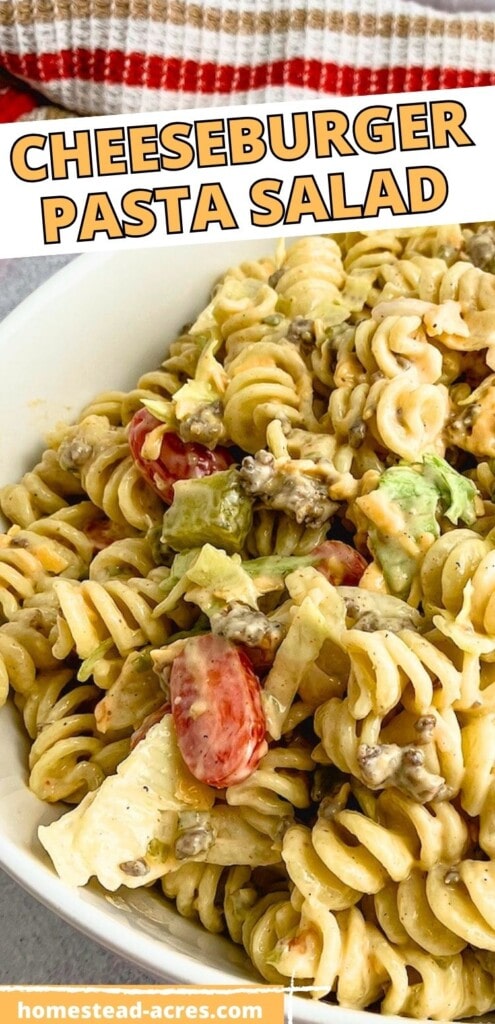 A serving bowl of creamy pasta salad with ground beef. The text overlay says Cheeseburger Pasta Salad.