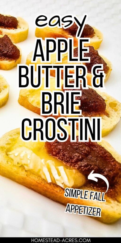 Crostini on a white serving tray. The text overlay says Easy Apple Butter And Brie Crostini. Simple Fall Appetizer.