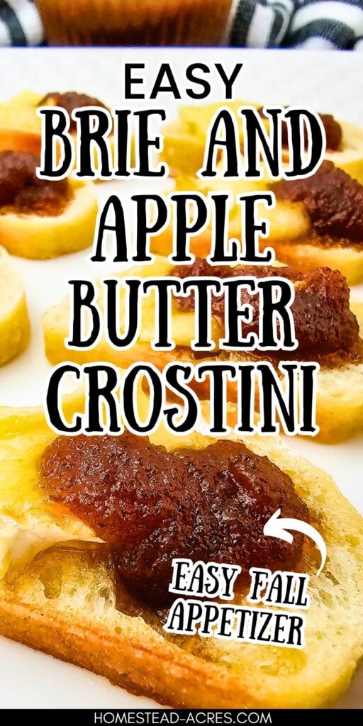 Crostini on a serving tray. The text overlay says Easy Brie And Apple Butter Crostini Easy Fall Appetizer.