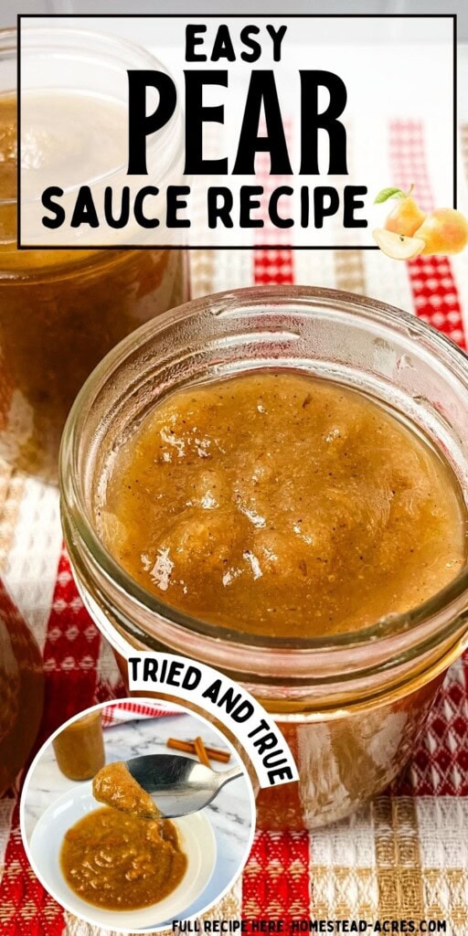 Jars of homemade pear sauce on the counter.