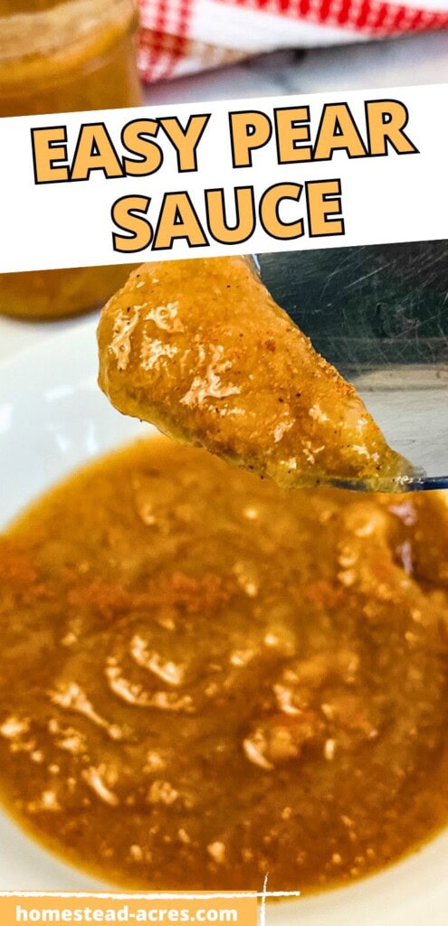 A spoonful of homemade pear sauce. The text overlay says Easy Pear Sauce.