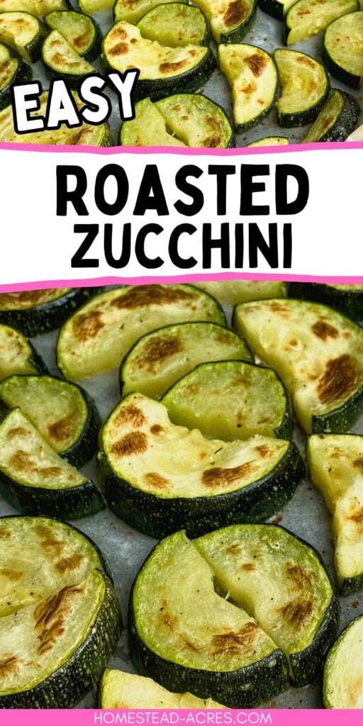 A collage of baked zucchini slices on a parchment-lined sheet pan. The text overlay says Easy Roasted Zucchini.