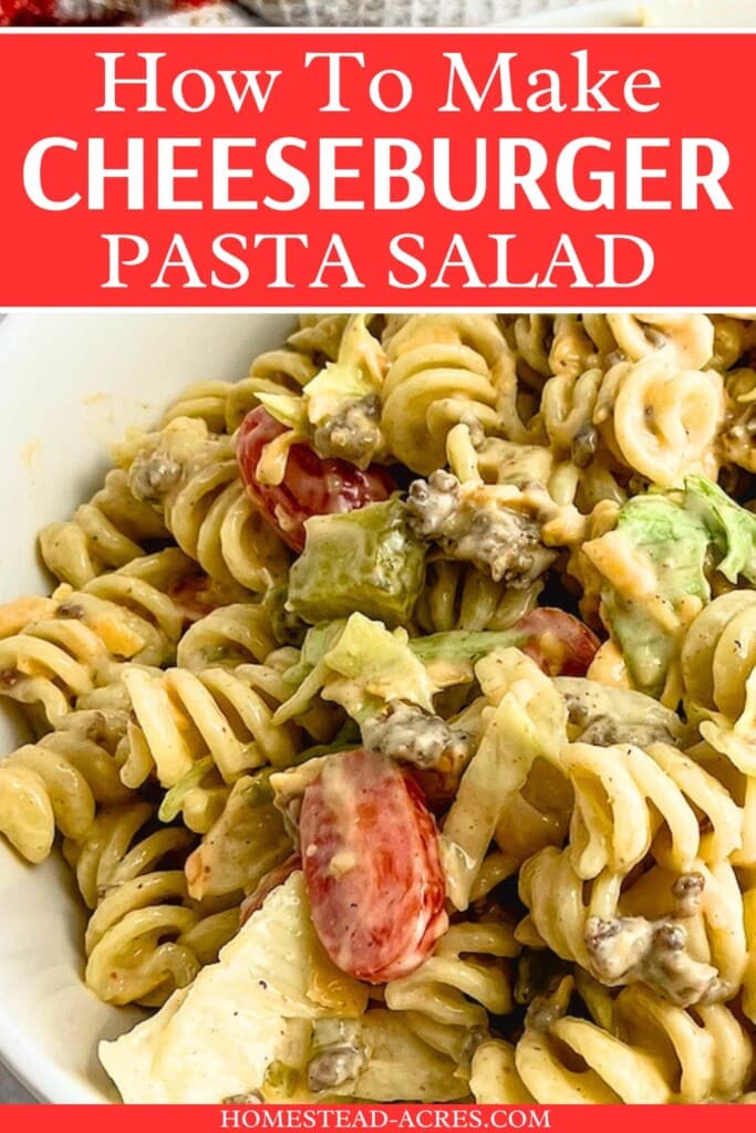 Hamburger pasta salad in a white bowl. The text overlay says How To Make Cheeseburger Pasta Salad.