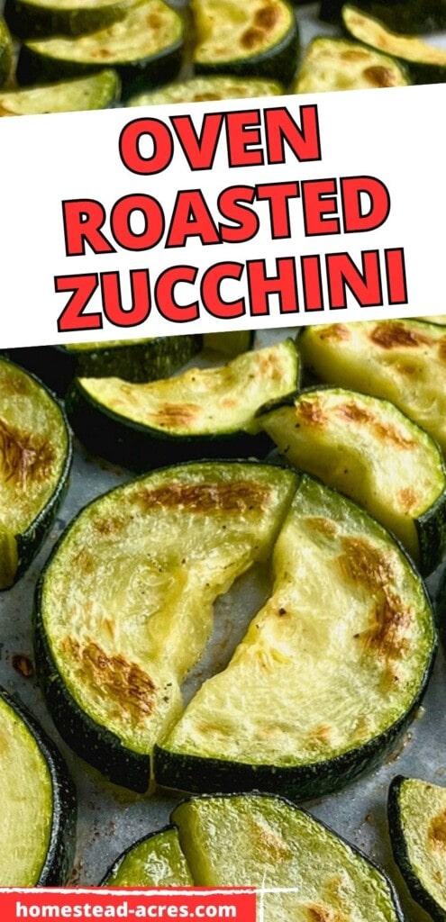 Baked zucchini slices on a baking sheet. The text overlay says Oven Roasted Zucchini.