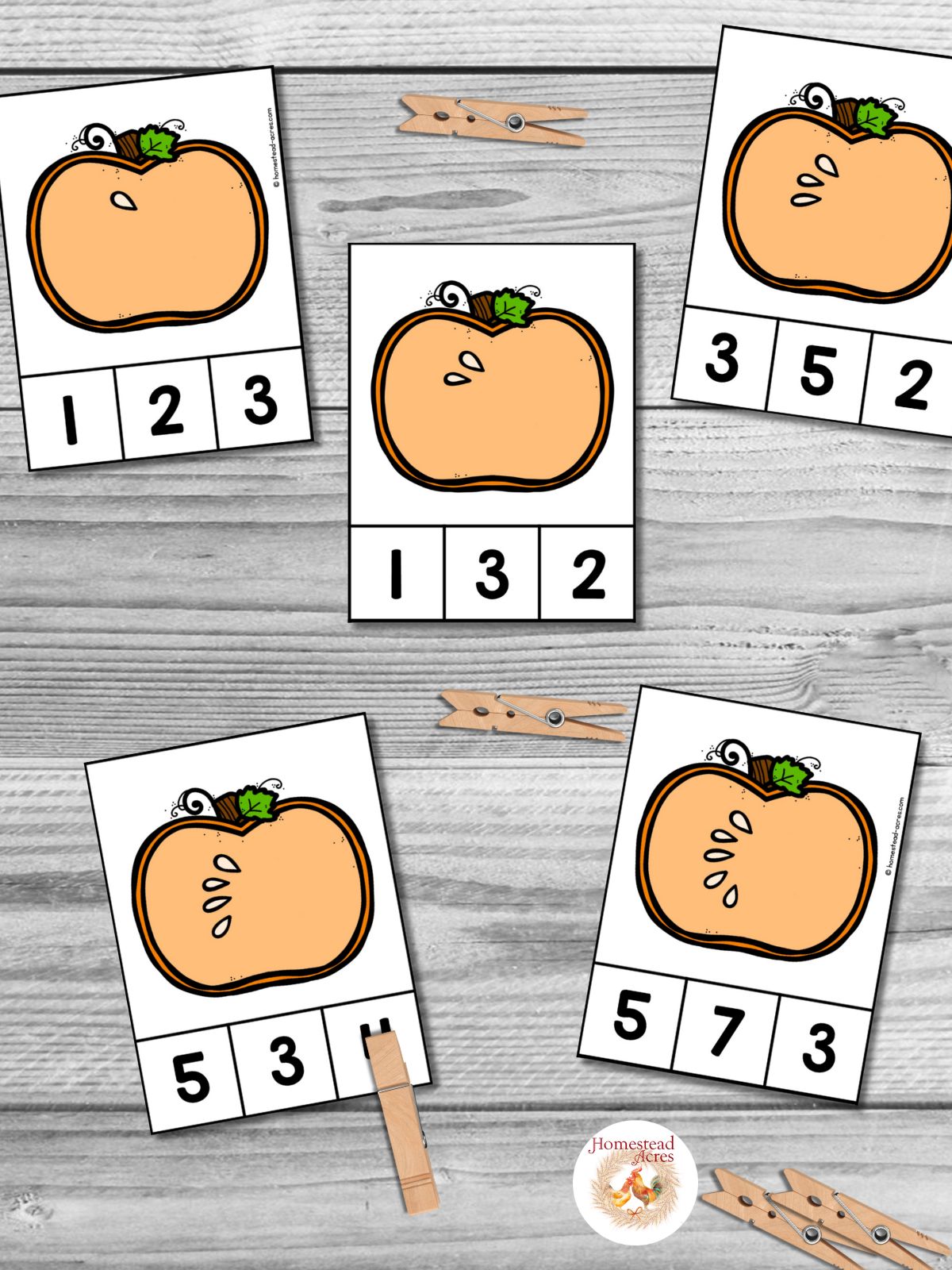 Pumpkin seed counting math cards on a wooden table background.