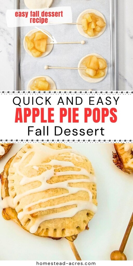 A collage of pie crusts filled with apple pie filling and a stick, and cooked apple pie pops. The text overlay says Quick And Easy Apple Pie Pops Fall Dessert.