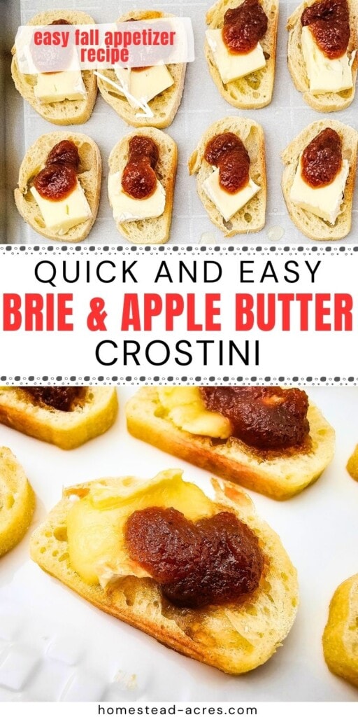 Collage of apple and brie crostini on a baking sheet and a serving tray. The text overlay says Quick And Easy Brie And Apple Butter Crostini. Easy Fall Appetizer Recipe.