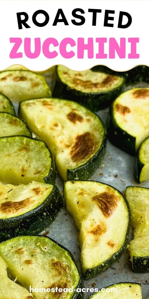 Seasoned zucchini slices on a baking sheet. The text overlay says Roasted Zucchini.