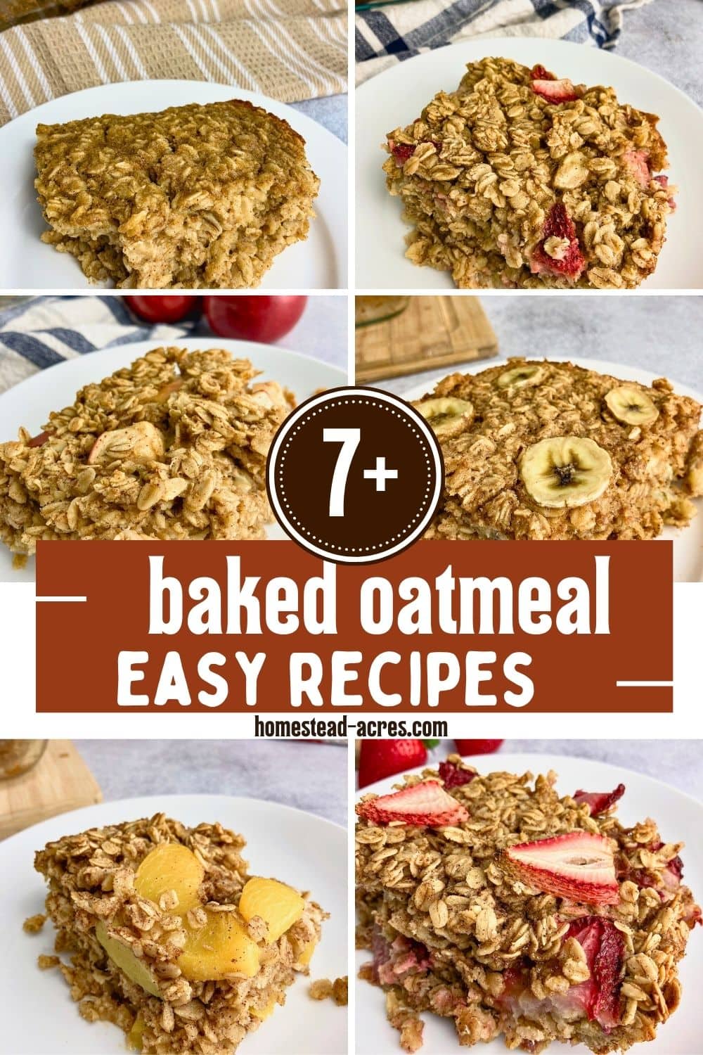 A collage of fruit baked oatmeal recipes. The text overlay says 7 Plus Baked Oatmeal Easy Recipes.