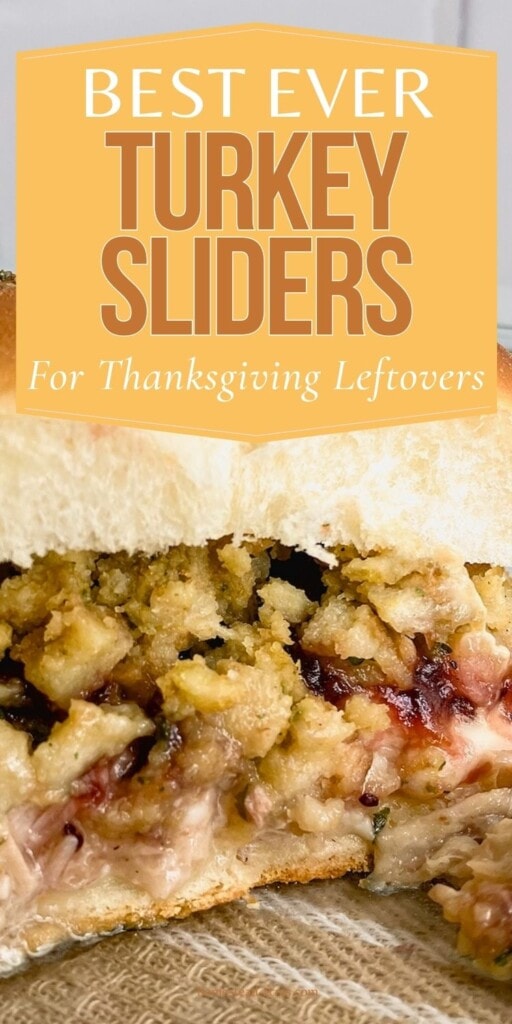 Turkey sliders in a baking dish. The text overlay says Best Ever Turkey Sliders For Thanksgiving Leftovers.