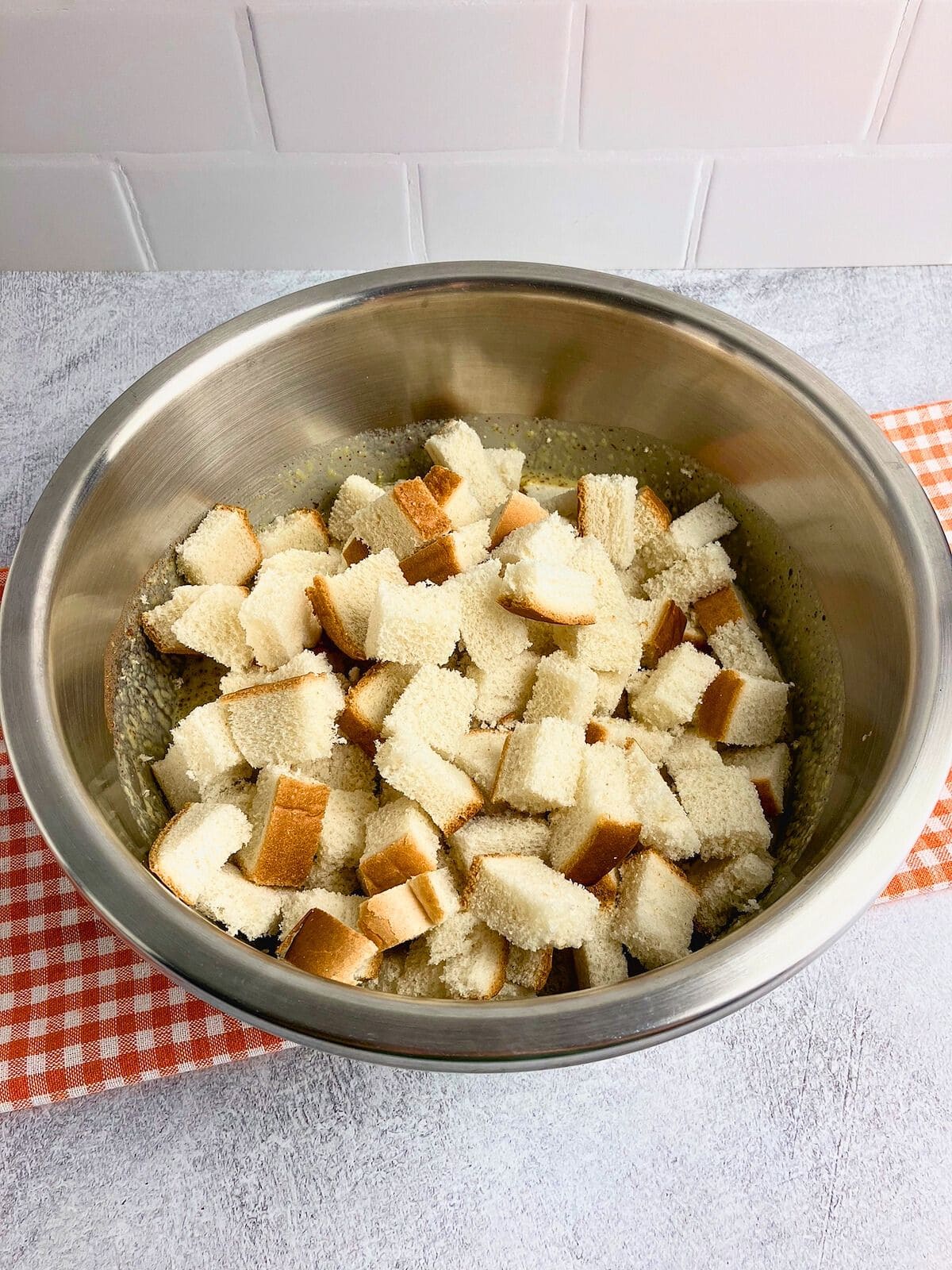 Bread cubes were added to the egg mixture.