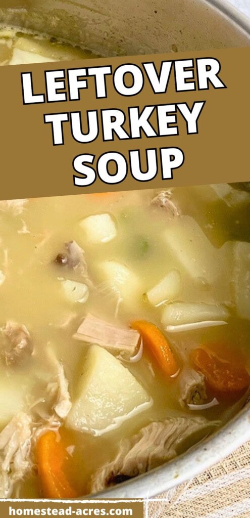 Close up of homemade turkey soup in a large pot. The text overlay says Leftover Turkey Soup.