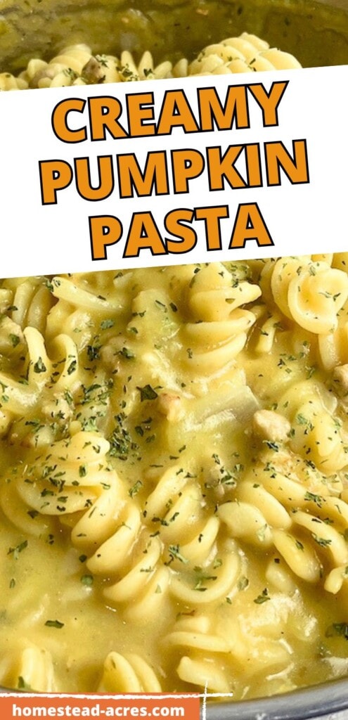 A large pot of pumpkin pasta with parsley sprinkled on top. The text overlay says Creamy Pumpkin Pasta.
