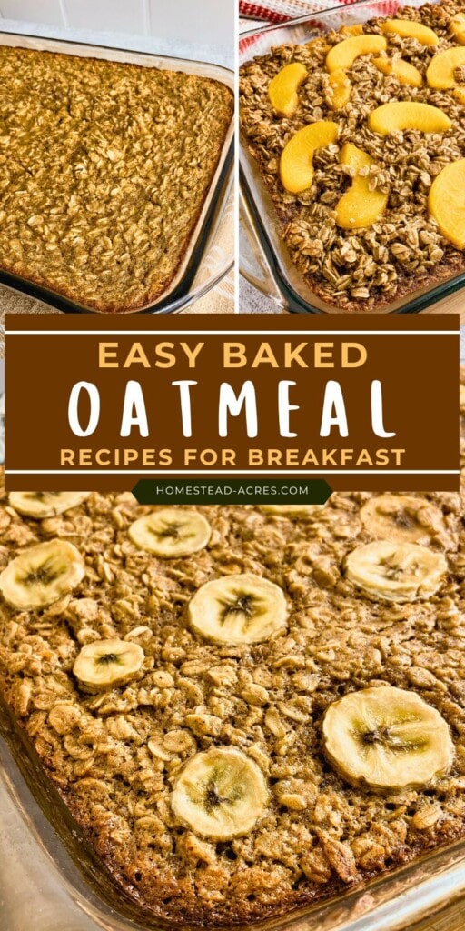 A collage of pumpkin baked oatmeal, peach baked oatmeal, and peanut butter banana baked oatmeal. The text overlay says Easy Baked Oatmeal Recipes For Breakfast.