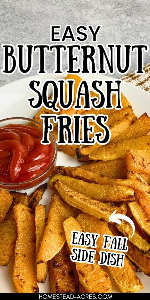A plate full of butternut squash French fries. The text overlay says Easy Butternut Squash Fries Easy Fall Side Dish.