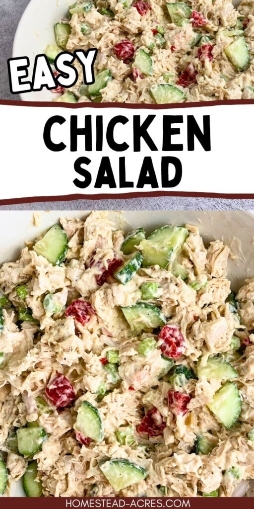 A collage of chicken salad in a white serving bowl. The text overlay says Easy Chicken Salad.