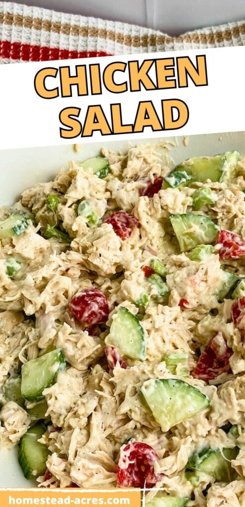 A large serving bowl filled with homemade chicken salad. The text overlay says Chicken Salad.