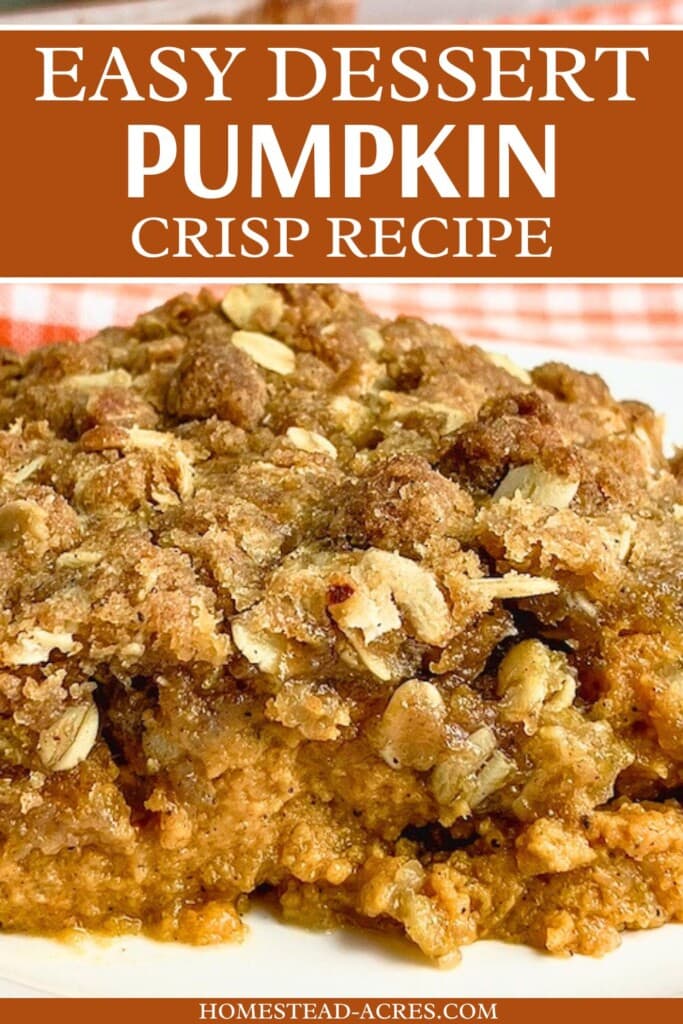 Homemade pumpkin pie crisp on a white plate. The text overlay says Easy Dessert Pumpkin Crisp Recipe.