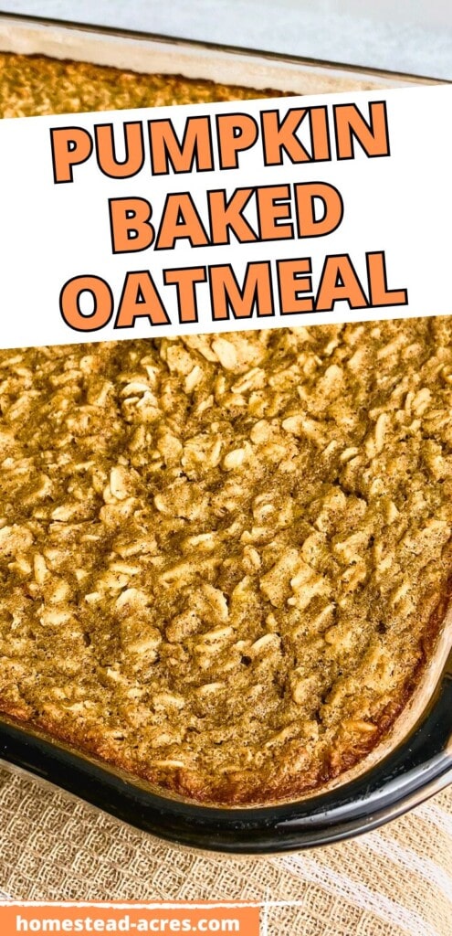 A baking dish of baked pumpkin oatmeal is cooling on the counter. The text overlay says Pumpkin Baked Oatmeal.