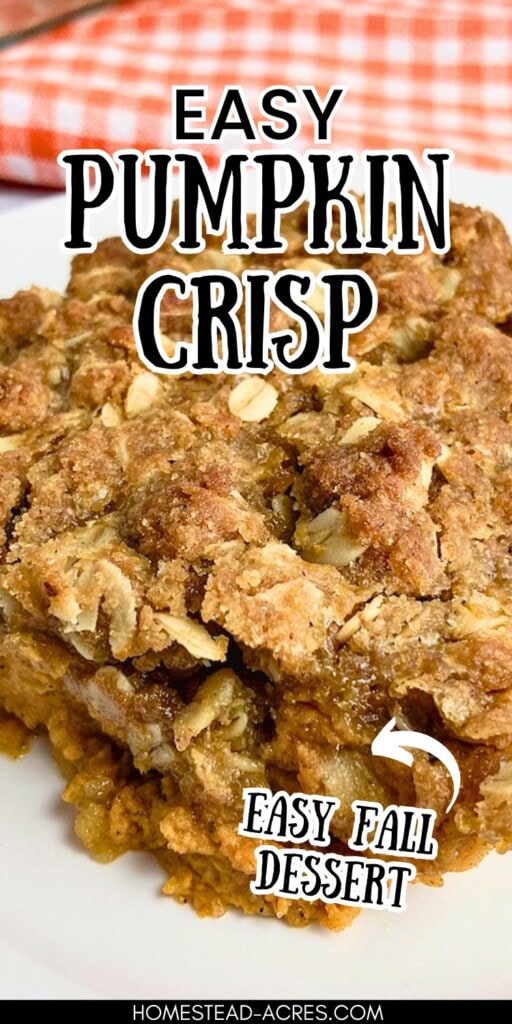 A slice of pumpkin crisp on a white plate. The text overlay says Easy Pumpkin Crisp. Easy Fall Dessert.
