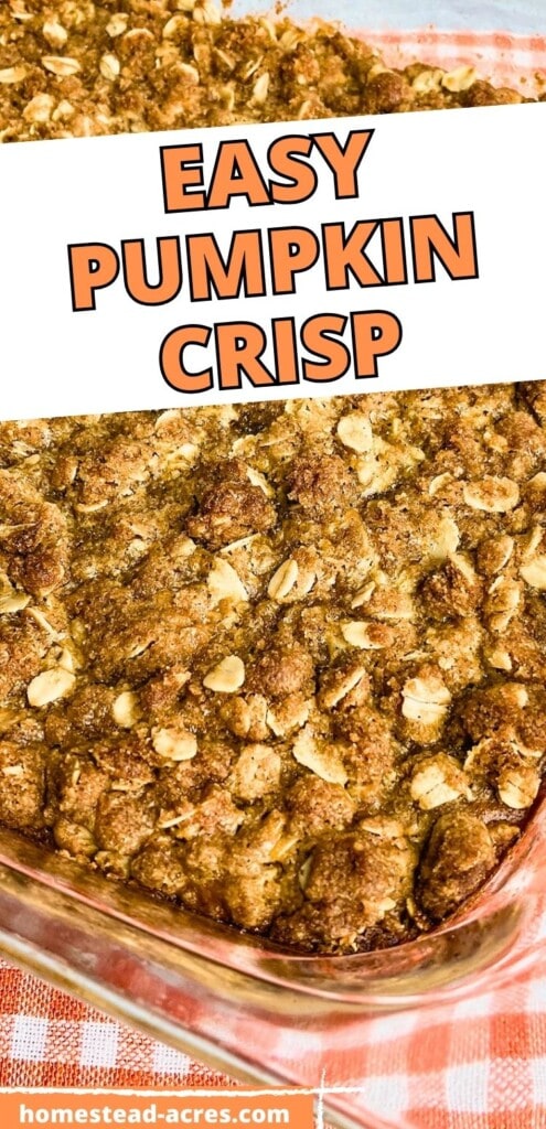 A baking dish of homemade pumpkin crisp. The text overlay says Easy Pumpkin Crisp.