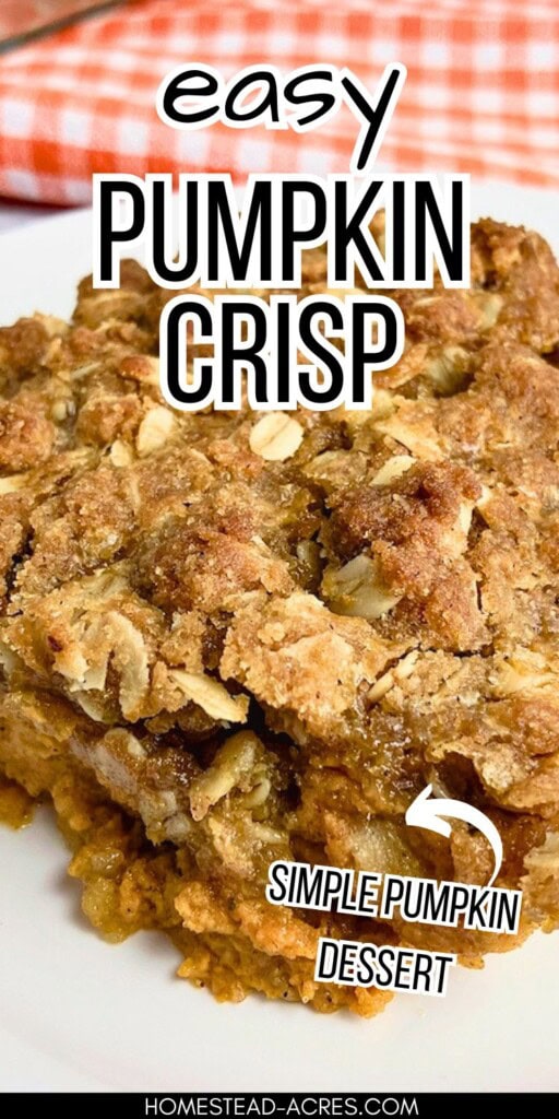 A slice of homemade pumpkin crisp on a plate. The text overlay says Easy Pumpkin Crisp. Simple Pumpkin Dessert.