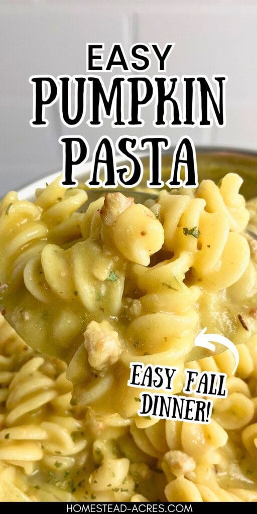 A spoon of pumpkin pasta was held over the pot. The text overlay says Easy Pumpkin Pasta Easy Fall Dinner.