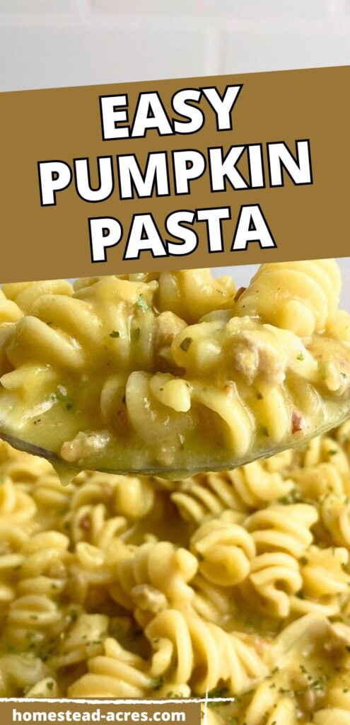 A spoonful of pumpkin pasta held up over the pot. The text overlay says Easy Pumpkin Pasta.