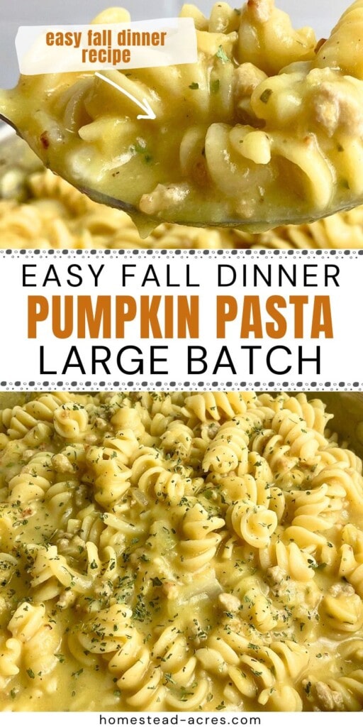 A collage of pumpkin pasta in a pot and holding up a serving spoon of pasta. The text overlay says Easy Fall Dinner Pumpkin Pasta Large Batch.