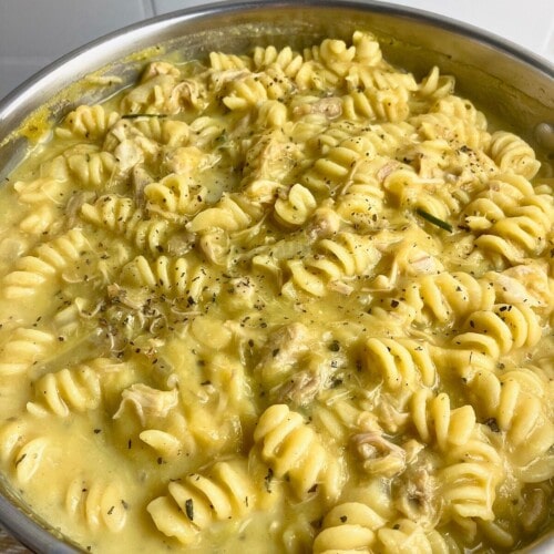 A pot of homemade leftover turkey pumpkin pasta.