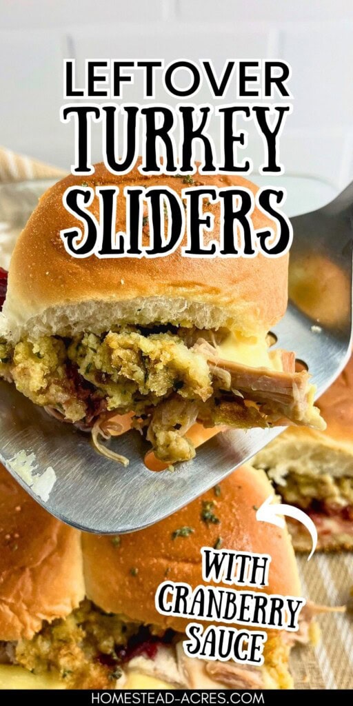A spatula is lifting a turkey slider out of the baking dish. The text overlay says Leftover Turkey Sliders With Cranberry Sauce.