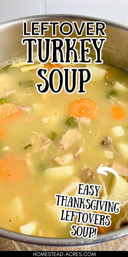 A large pot of homemade turkey soup. The text overlay says Leftover Turkey Soup Easy Thanksgiving Leftovers Soup.
