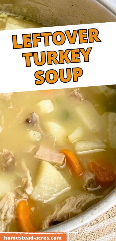 A pot of homemade turkey soup. The text overlay says Leftover Turkey Soup.