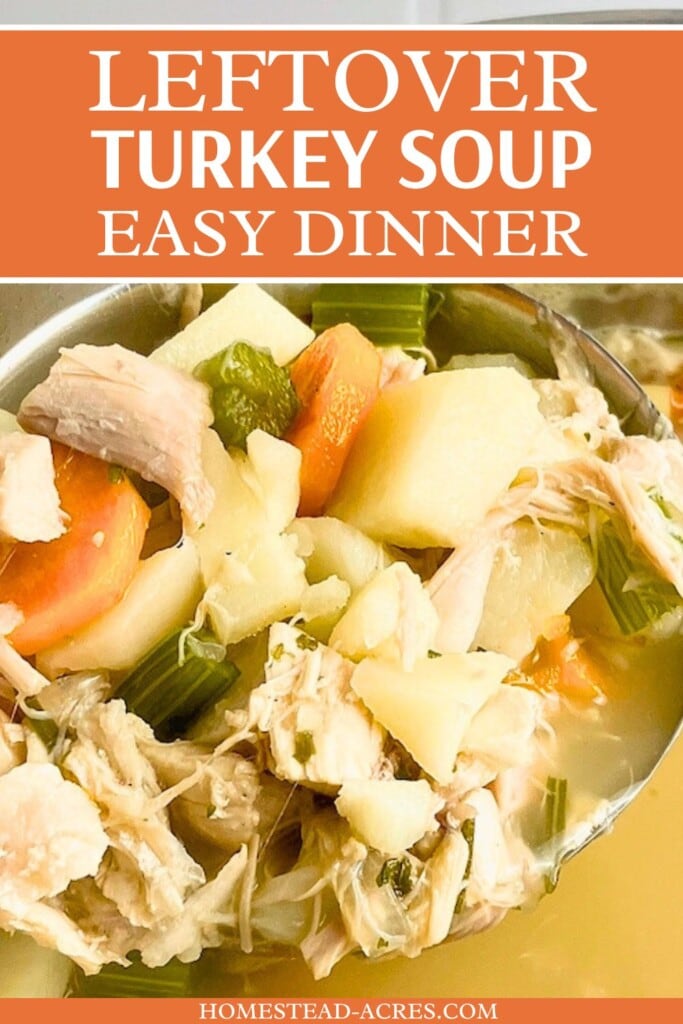 Lifting up a ladle of turkey soup out of the pot. The text overlay says Leftover Turkey Soup Easy Dinner.