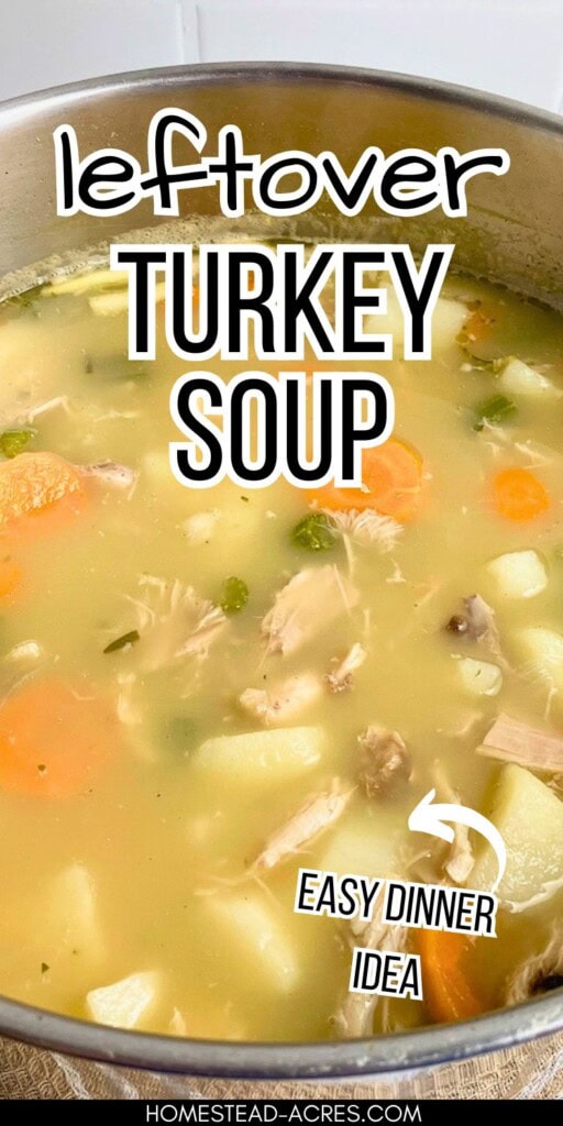 A pot of homemade turkey soup. The text overlay says Leftover Turkey Soup Easy Dinner Idea.