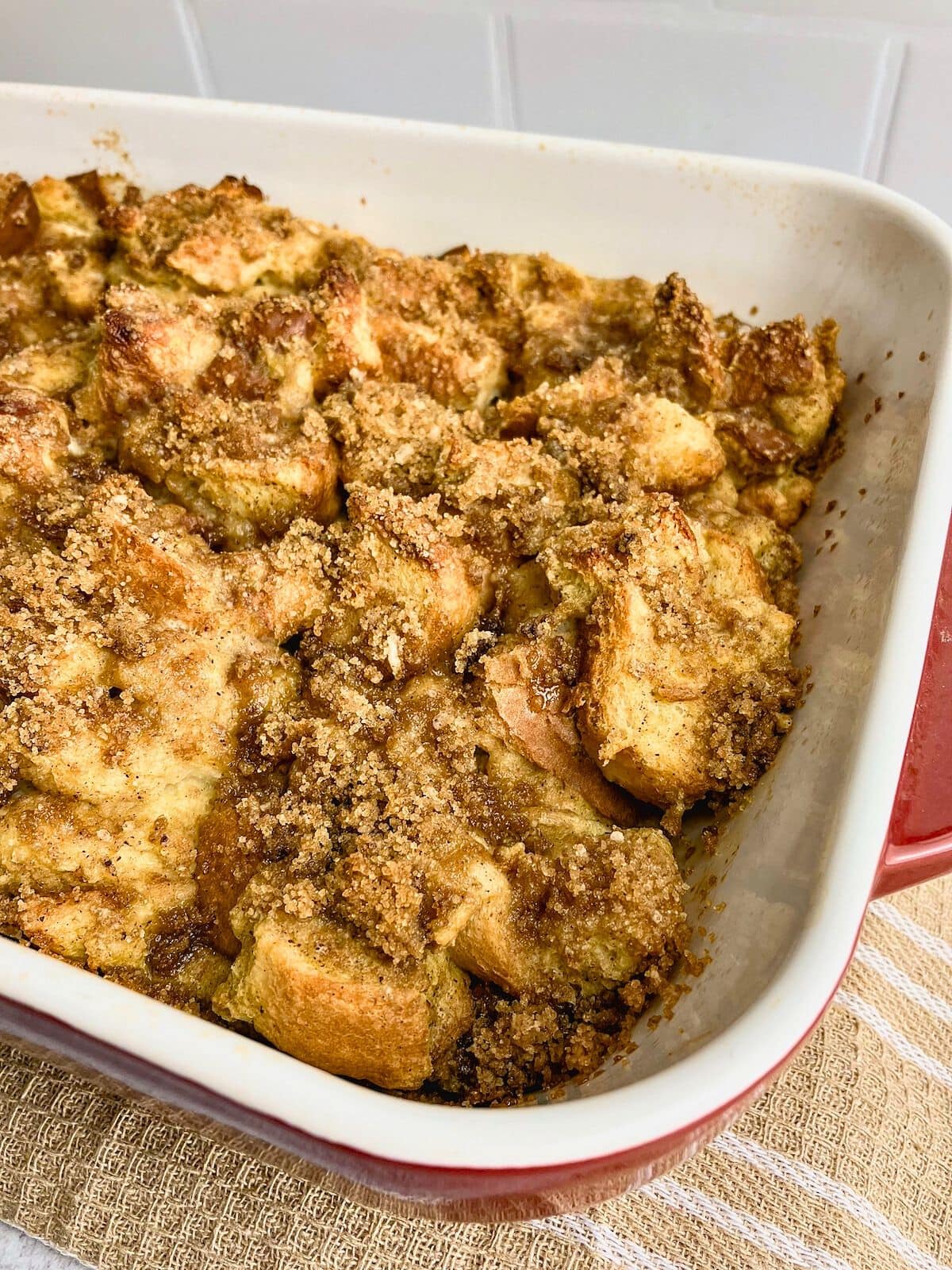 A casserole dish of pumpkin French toast warm from the oven.