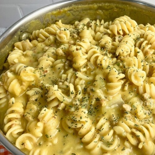 A large pot of homemade pumpkin pasta.