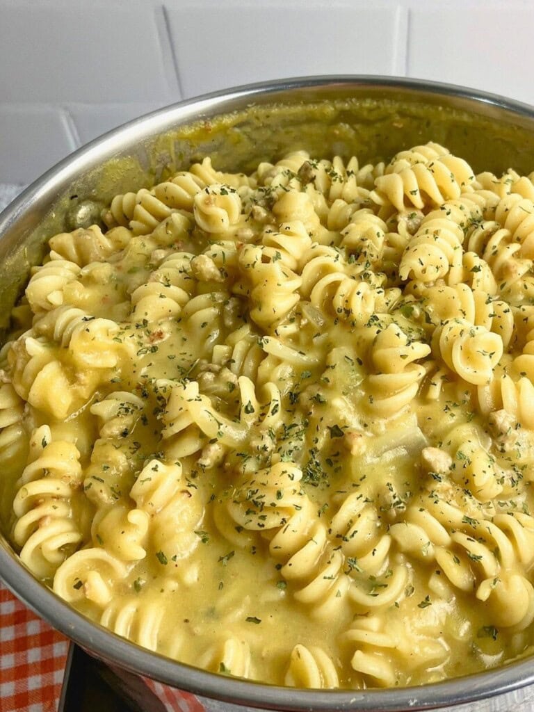 A large pot of homemade pumpkin pasta.