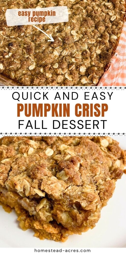 Collage of a baking dish of pumpkin crisp and a slice on a plate. The text overlay says Quick And Easy Pumpkin Crisp Fall Dessert. Easy Pumpkin Recipe.