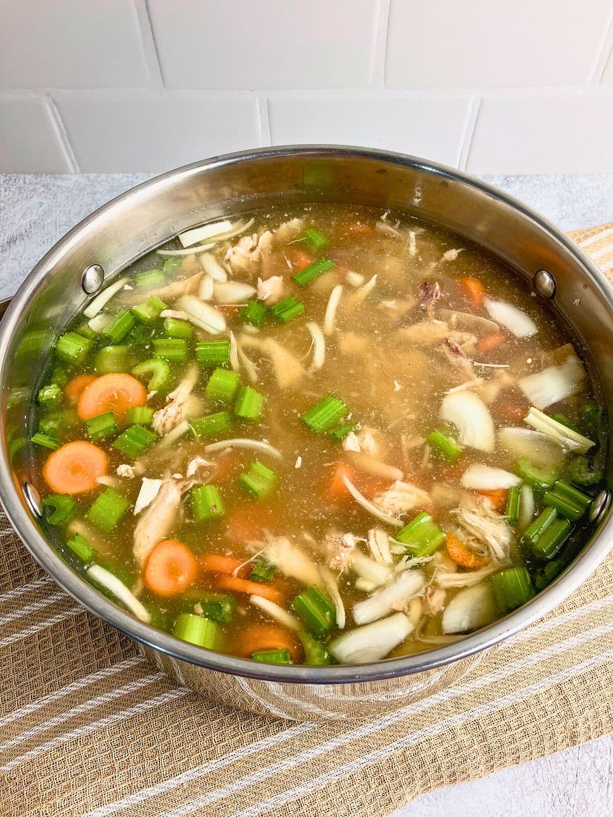 Turkey stock was added to the veggies and meat.