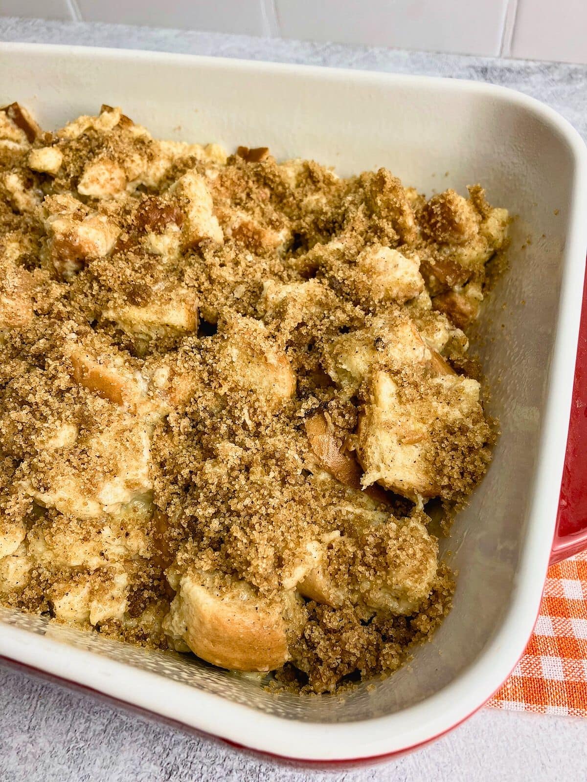 Brown sugar topping sprinkled over the bread and egg mixture.