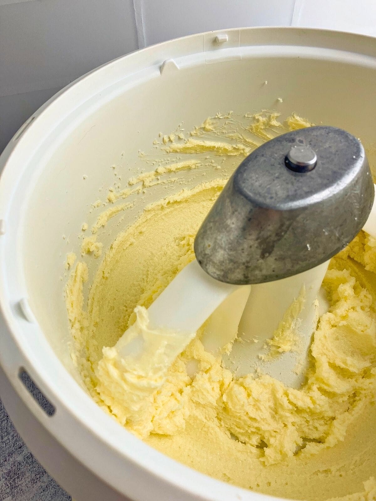 The butter and white sugar are creamed together.
