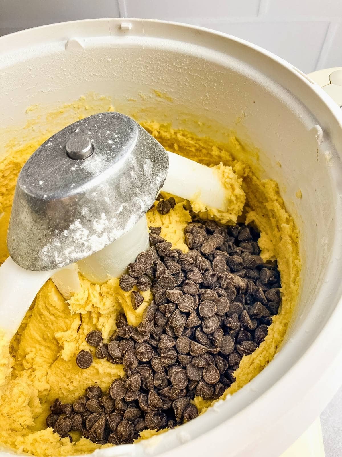 Chocolate chips were added to the mixer bowl.