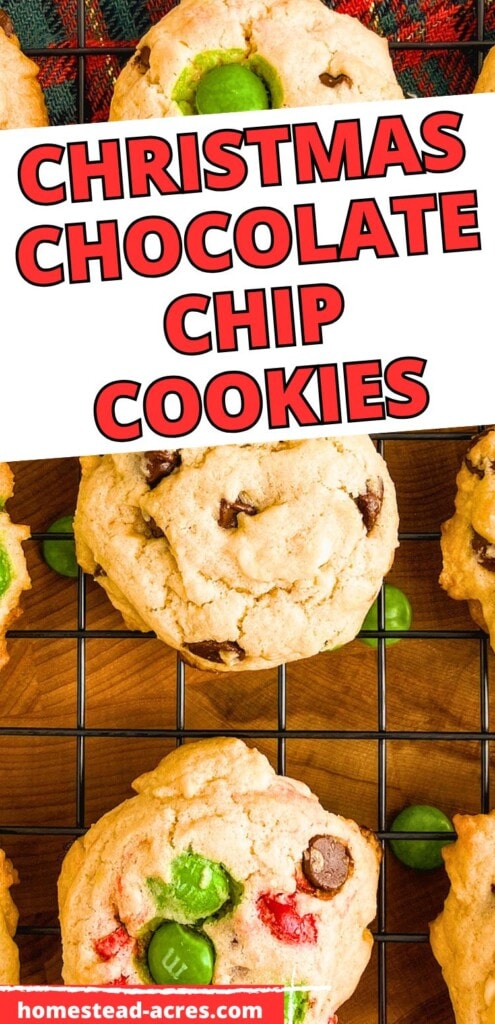 Christmas chocolate chip cookies with M&Ms on a wire cooling rack. The text overlay says Christmas Chocolate Chip Cookies.