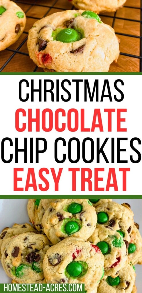 A collage of chocolate chip cookies with M&Ms on a cooking rack and platter. The text overlay says Christmas Chocolate Chip Cookies Easy Treat.